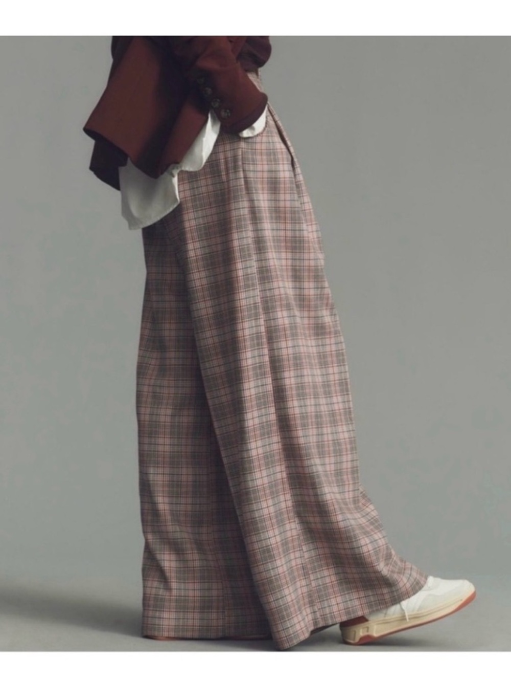 Maeve Anthropologie Wide Leg Plaid Trousers in Pink and Gray